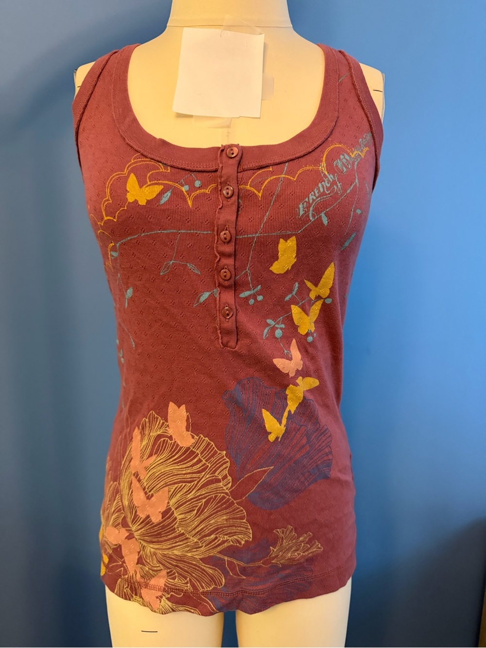 French Connection Plum Floral & Butterfly Button Tank